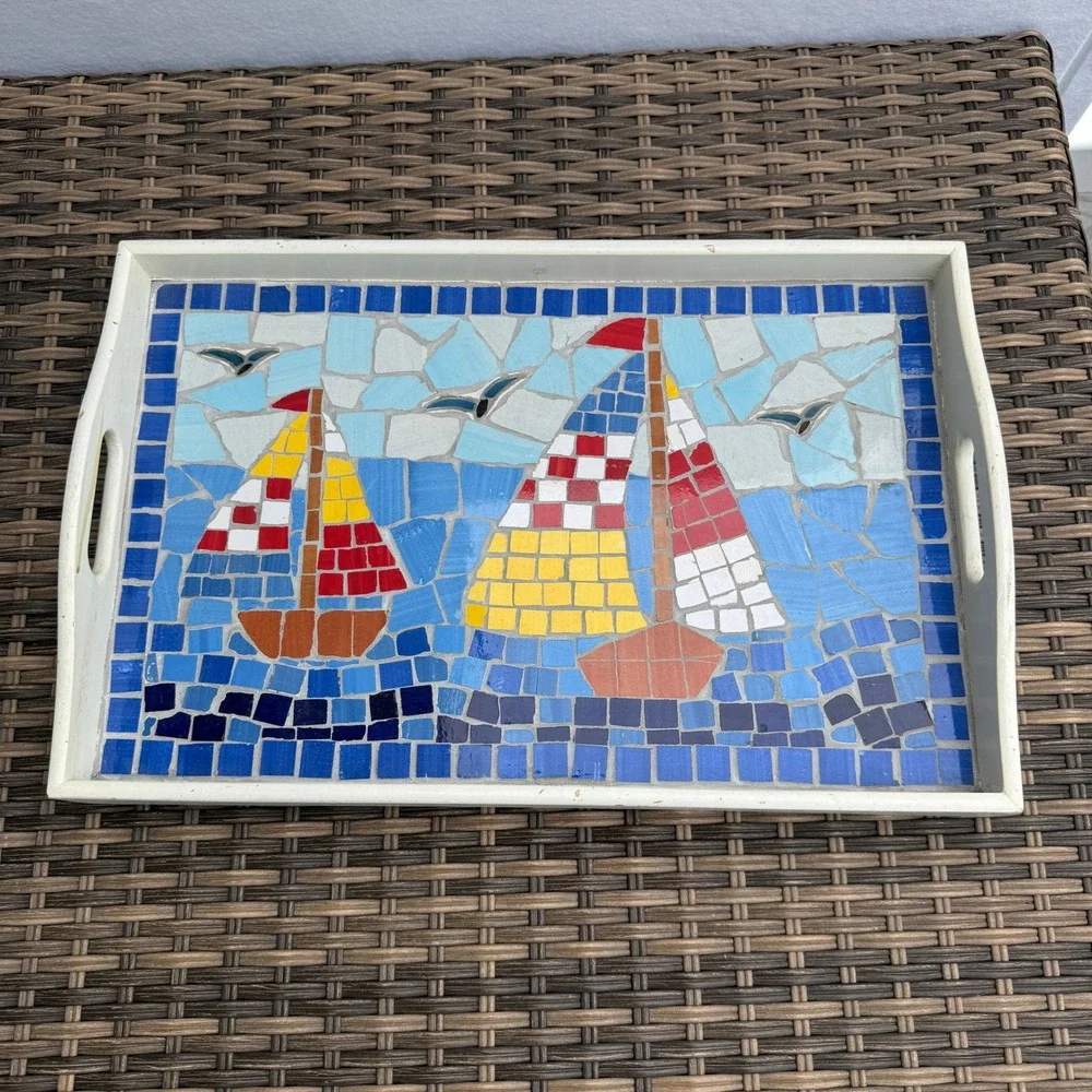 Handmade Mosaic Sailboat Serving Tray Wooden Coastal Nautical Decorative 19x12